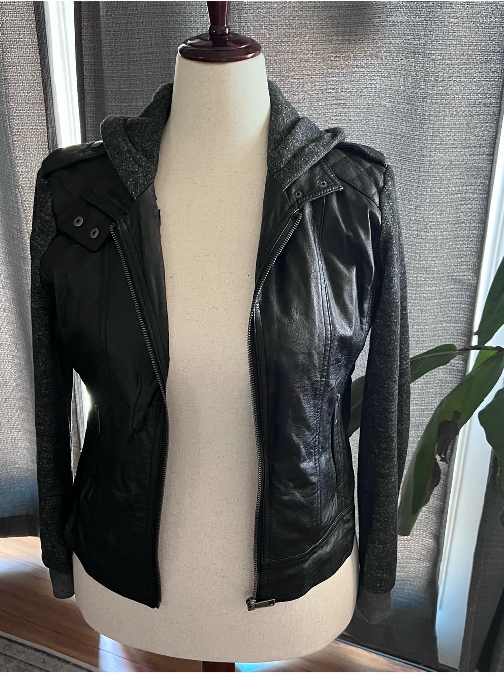 Black Faux Leather Moto Jacket with Dark Heather Gray Knit Hoodie